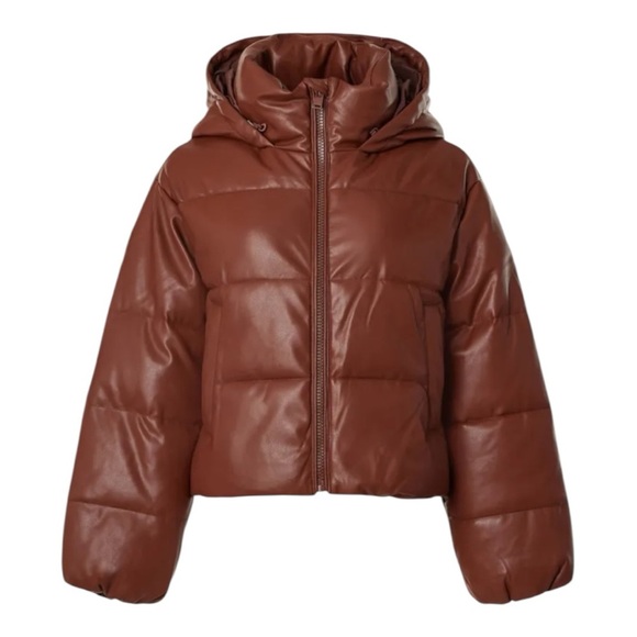 OOF Faux Leather Puffer Jacket Coat with Hood Brown Size IT 42 / US 6 - Picture 5 of 12